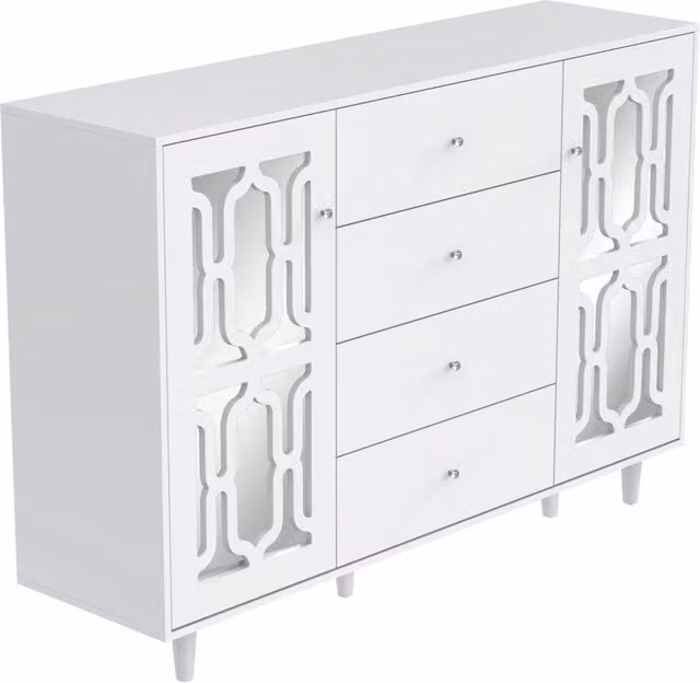 Credenza bianca a specchio con maniglie in cristallo, 147,5 x 40 x 102 cm per soggiorno e sala da pranzo