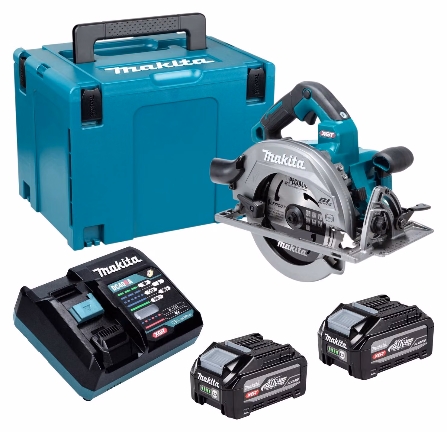 Sega circolare portatile a batteria Makita HS 003 GU201 40 V max. 190 mm Brushless + 2 batterie da 4,0 Ah + caricabatterie + Makpac