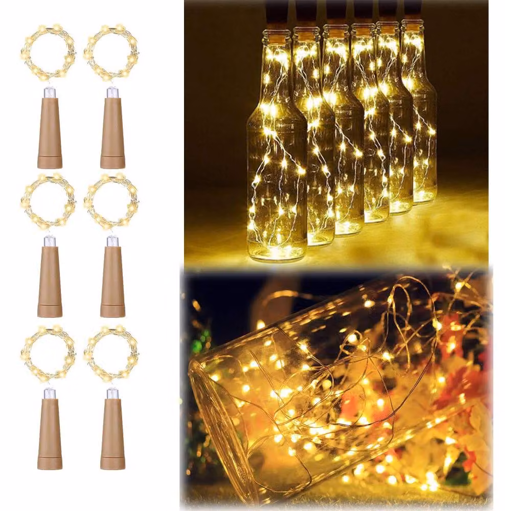 6 lampade a forma di tappo di sughero bianche, lunghezza 2 metri, 20 LED, alimentate a batteria