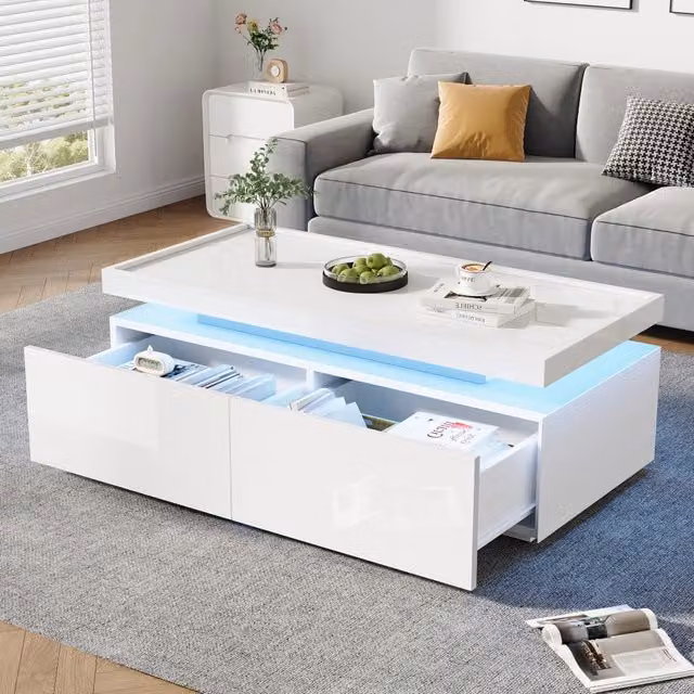 Tavolino da Salotto 95x45x35 cm con LED, 2 Cassetti, Design Geometrico Minimalista, Finitura Lucida, Bianco