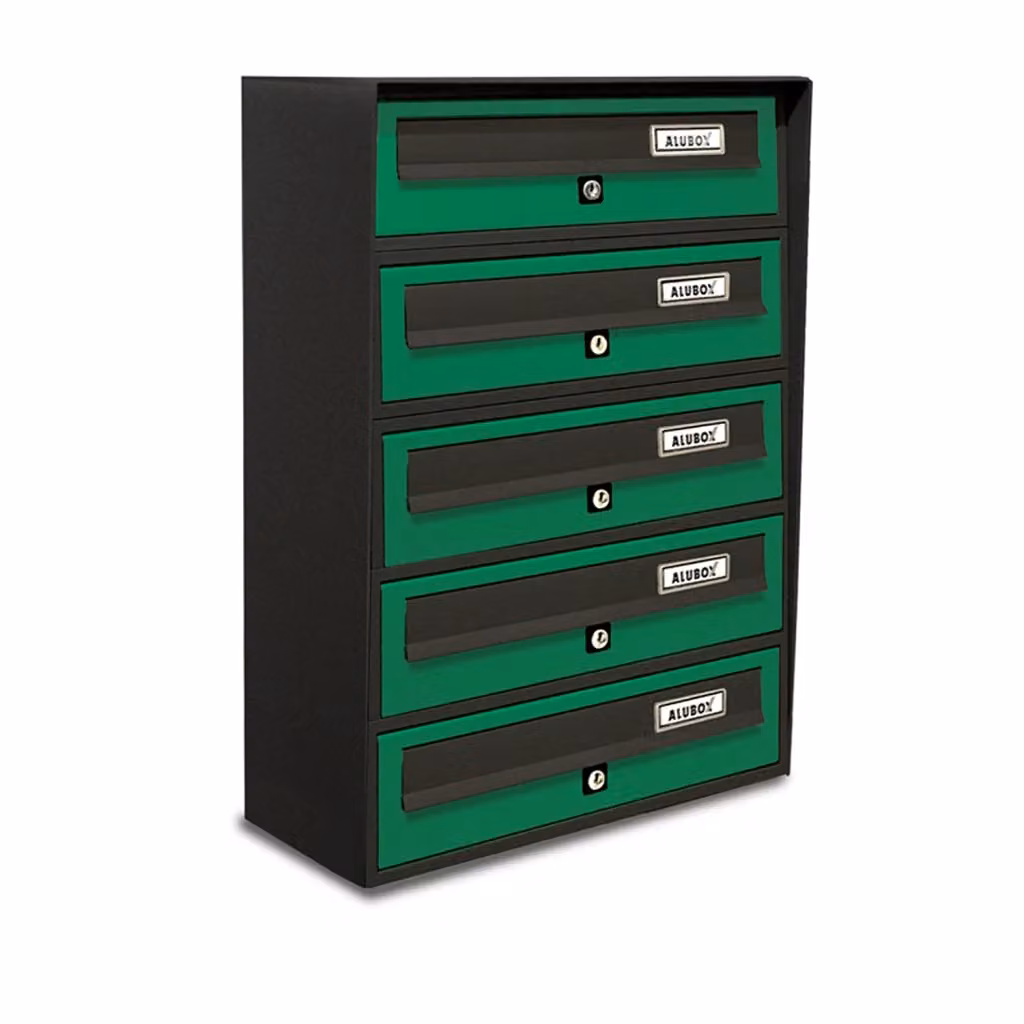 ALUBOX SLIM Cassette Postali Condominiali da 5 Posti in Lamiera Zincata e Alluminio con Sistema Anti Prelievo, Colore Antracite Verde, L: 63 cm, P: 39 cm, H: 30 cm – 2