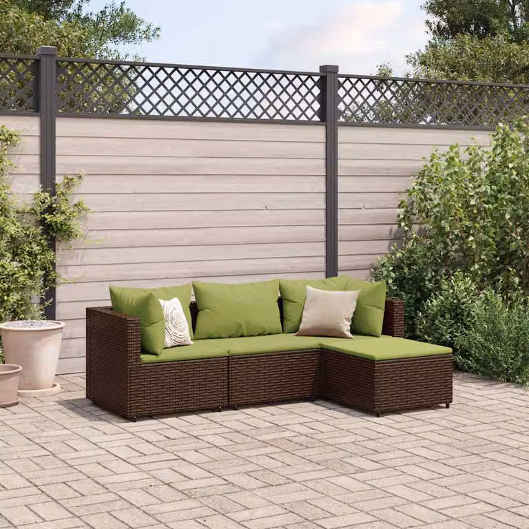 Set Mobili da Giardino vidaXL 4 pz in Polyrattan Marrone e Verde con Cuscini e Ottoman