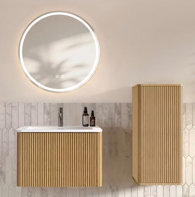 Set mobili da bagno con lavabo in pietra acrilica bianco opaco, specchio LED regolabile e pensile 60 cm color rovere