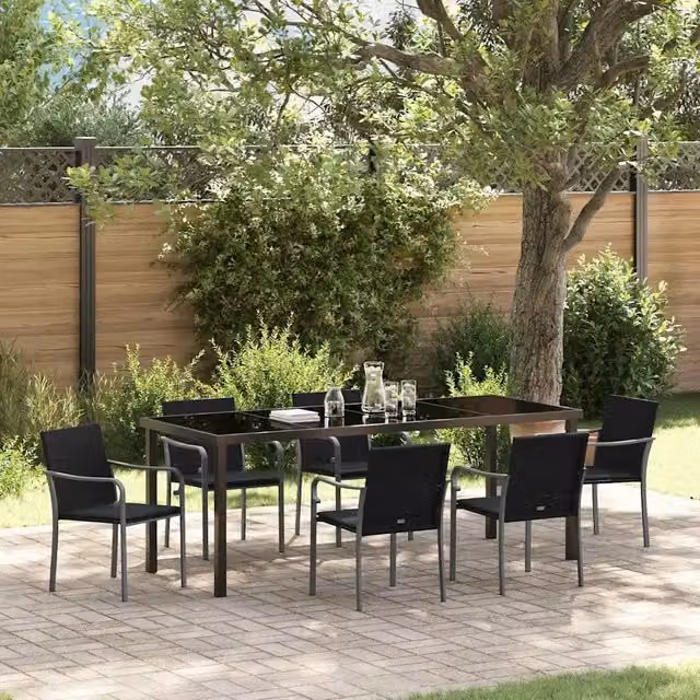 Set da pranzo per giardino vidaXL in rattan nero e grigio composto da 7 pezzi
