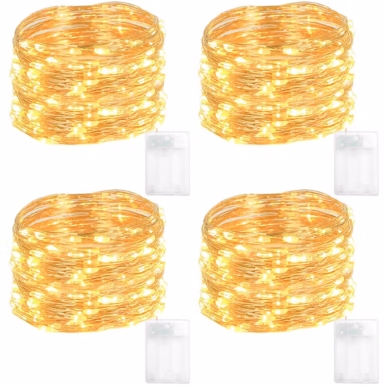 Set di 4 catene luminose, lunghezza 5 metri, 50 micro-LED, luce bianco caldo, alimentazione a batteria