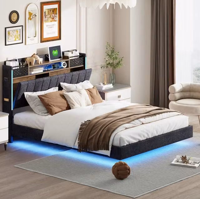 Letto imbottito 140x200 cm con illuminazione LED, porta USB e testiera contenitore in tessuto lino grigio