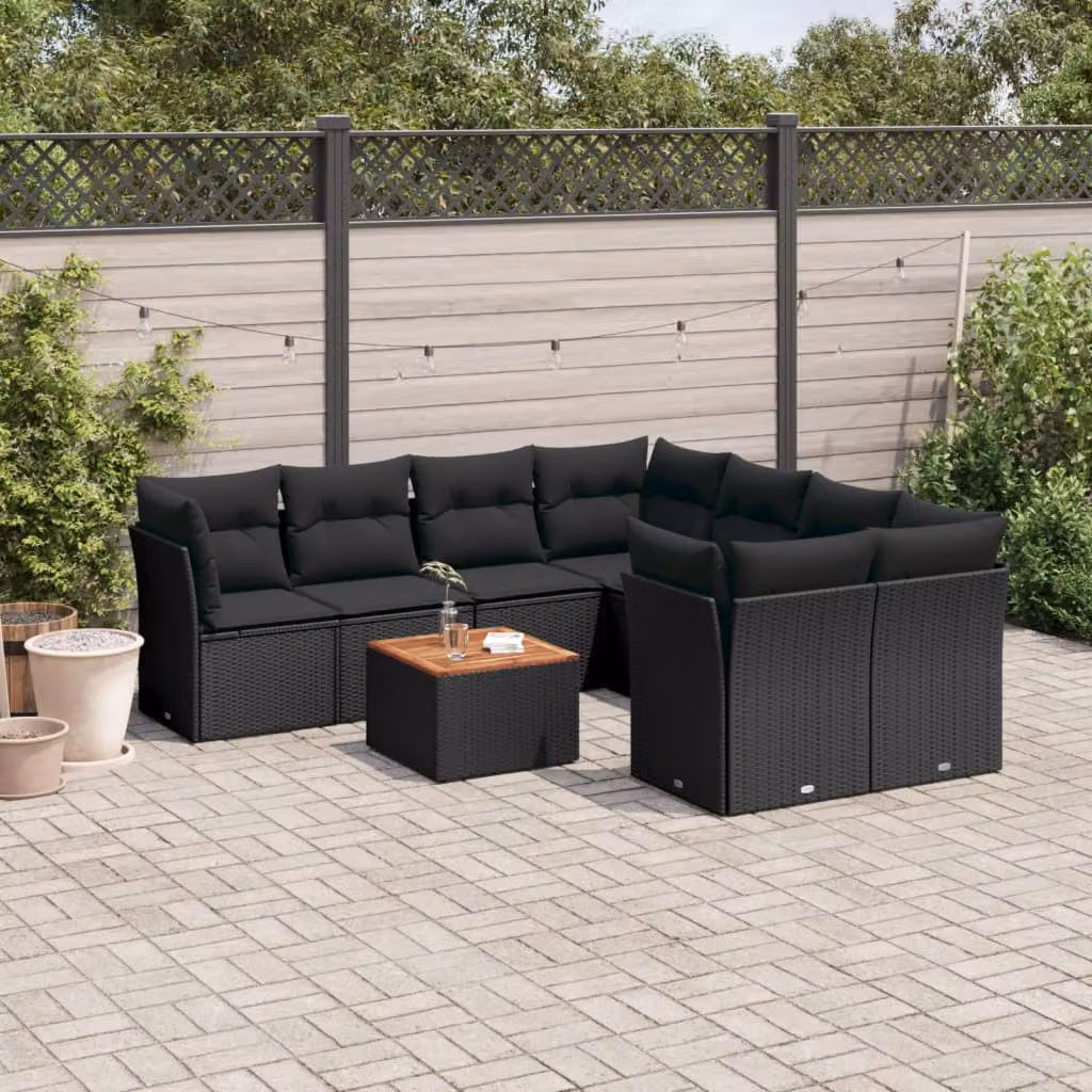 vidaXL Set Divani da Giardino 9 pz a Forma a L con Cuscini e Tavolino, Polyrattan e Legno di Acacia, Nero e Marrone – 1