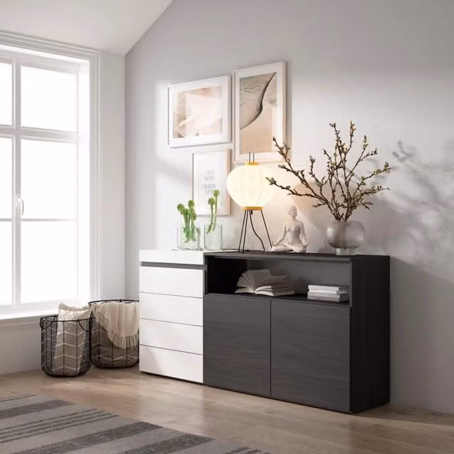 Cassettiera, 157x35x75cm, Camera da letto, Con Stoccaggio, Bianco e nero RF3421