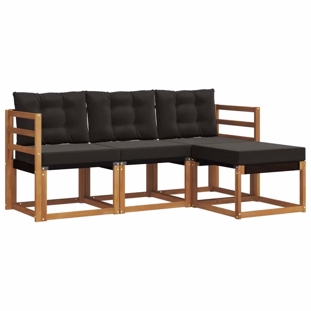 Set di divani da esterno a L vidaXL in legno di acacia e textilene, colore marrone e nero, composto da 4 pezzi con cuscini inclusi – 2