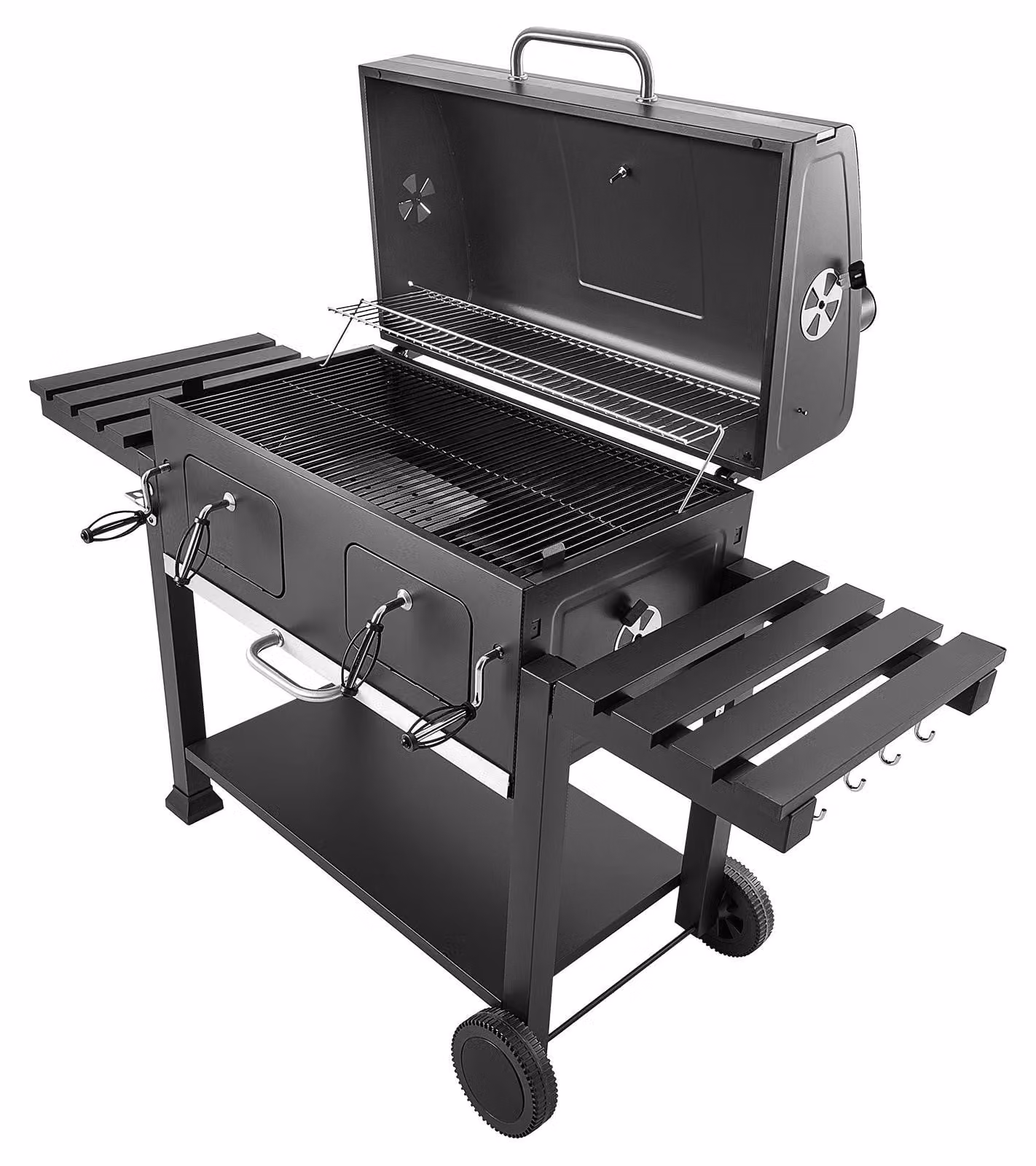 Barbecue a carbonella SucceBuy da 0,50 m² con vasche per il carbone regolabili in altezza e tavolini laterali ribaltabili, realizzato in acciaio robusto e resistente al calore, ideale per feste in giardino e in terrazza
