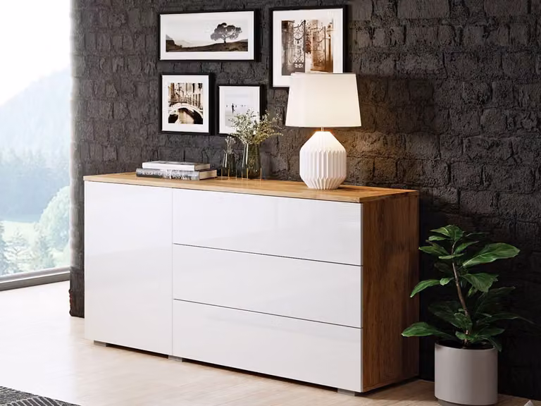 Cassettiera combinata moderna MERISA 110 - bianco lucido / rovere wotan