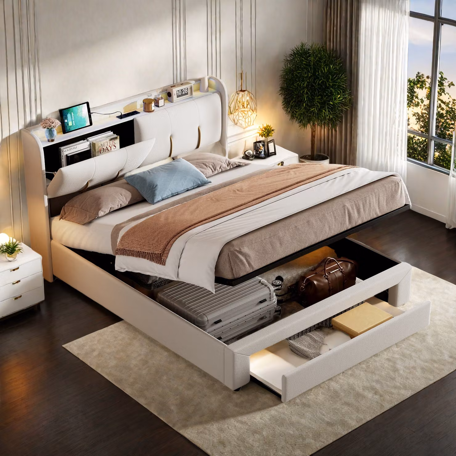 Letto imbottito 160x200cm con 2 USB e 2 prese, letto per ragazzi letto matrimoniale con rete a doghe e contenitore, letto contenitore letto in legno massiccio con LED e rete a doghe, velluto, beige