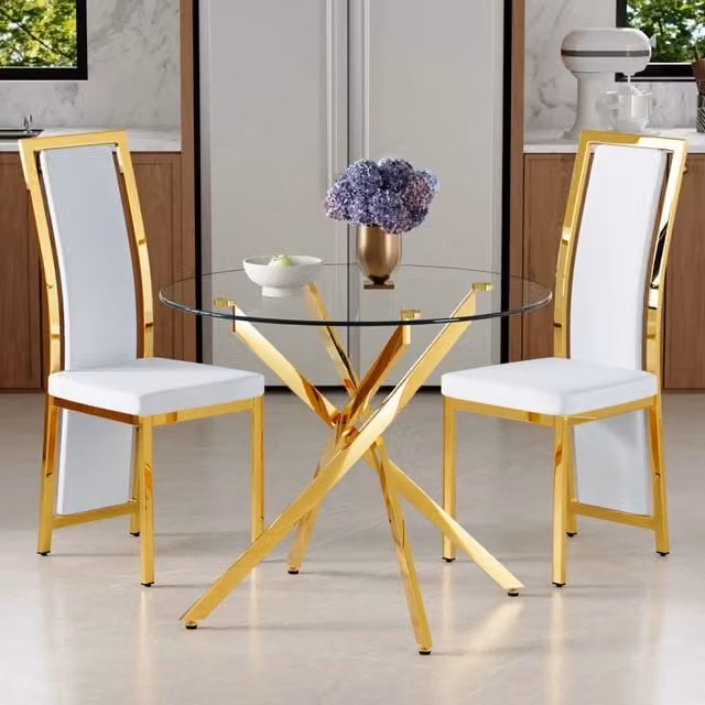 Set tavolo da pranzo rotondo con 2 sedie; vetro temperato e PU bianco oro; diametro 88 cm; altezza 75 cm