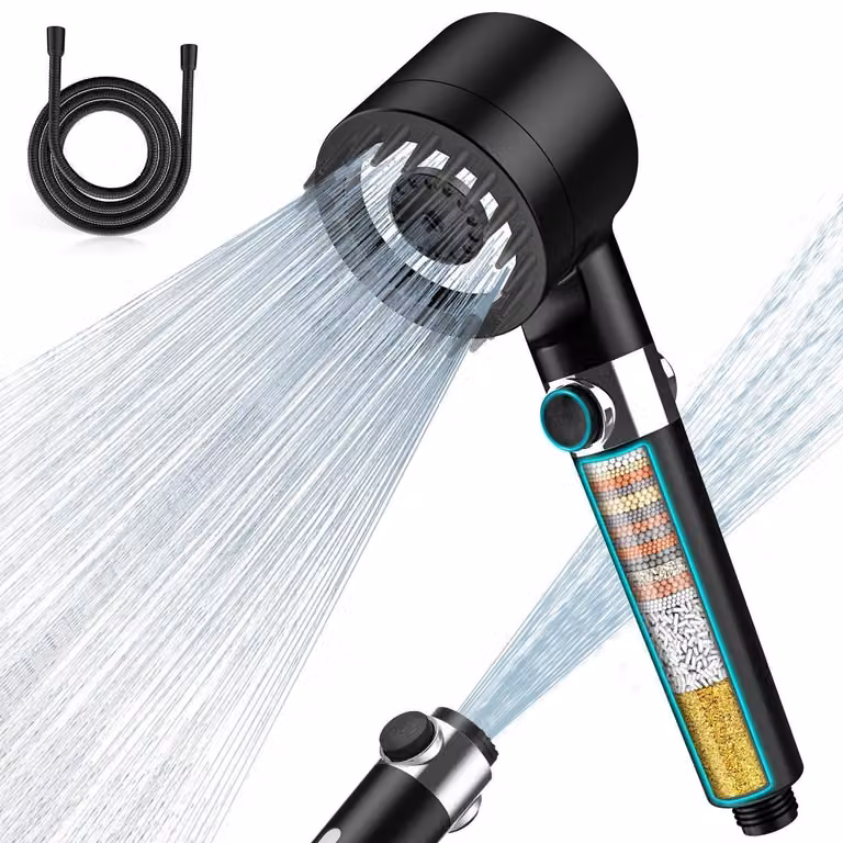 Pistola per rubinetto con filtro a 15 strati, colore nero, tubo da 1,5 metri, 3 tipi di getto, a risparmio idrico