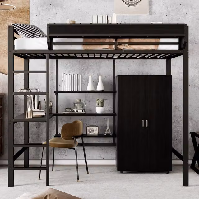 Letto a castello in ferro - Zephmum - 90x200 cm - Nero - Con scrivania e armadio