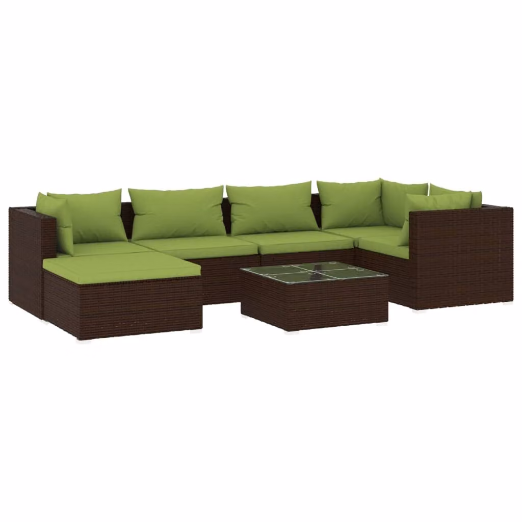 Set Divani da Giardino 7 pz con Cuscini in Polyrattan Marrone