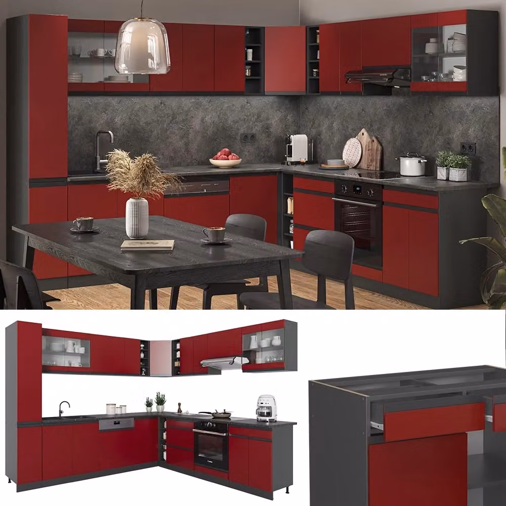 Cucina angolare moderna R-Line Vicco in legno Rosso e Antracite opaco, forma a J, senza piano di lavoro, L/P/H: 277 x 257 x 81,6 cm – 2