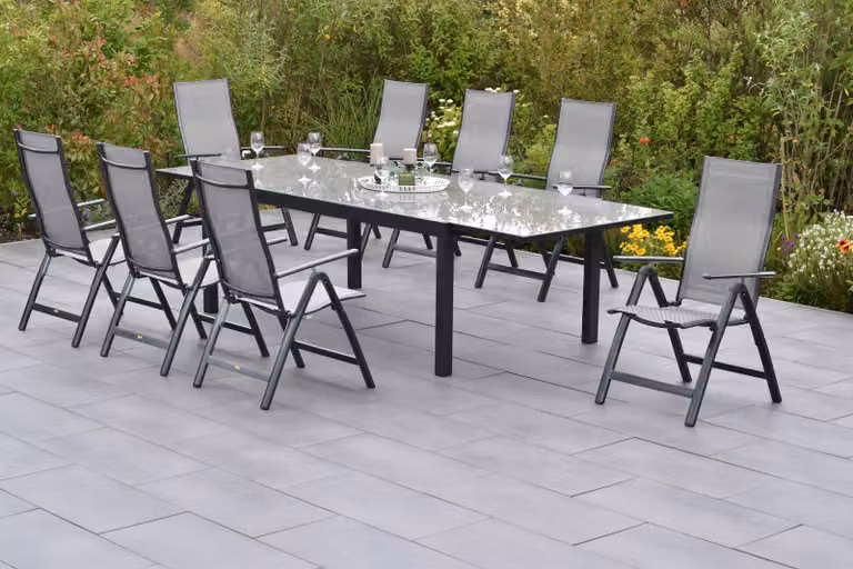 Set di mobili da giardino Merxx "Carrara" da 9 pezzi con tavolo allungabile 200/300 x 110 cm - Struttura in alluminio color grafite con rivestimento in tessuto marrone diamante
