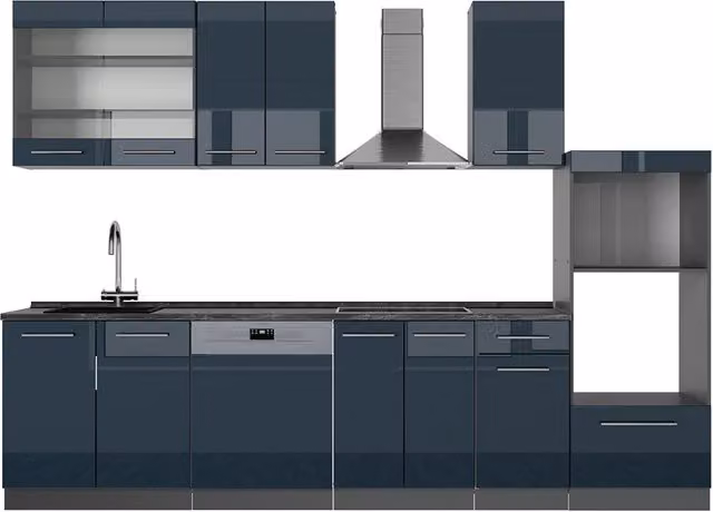 Cucina componibile moderna Vicco Fame-Line Blu scuro lucido e Antracite, L: 300 cm