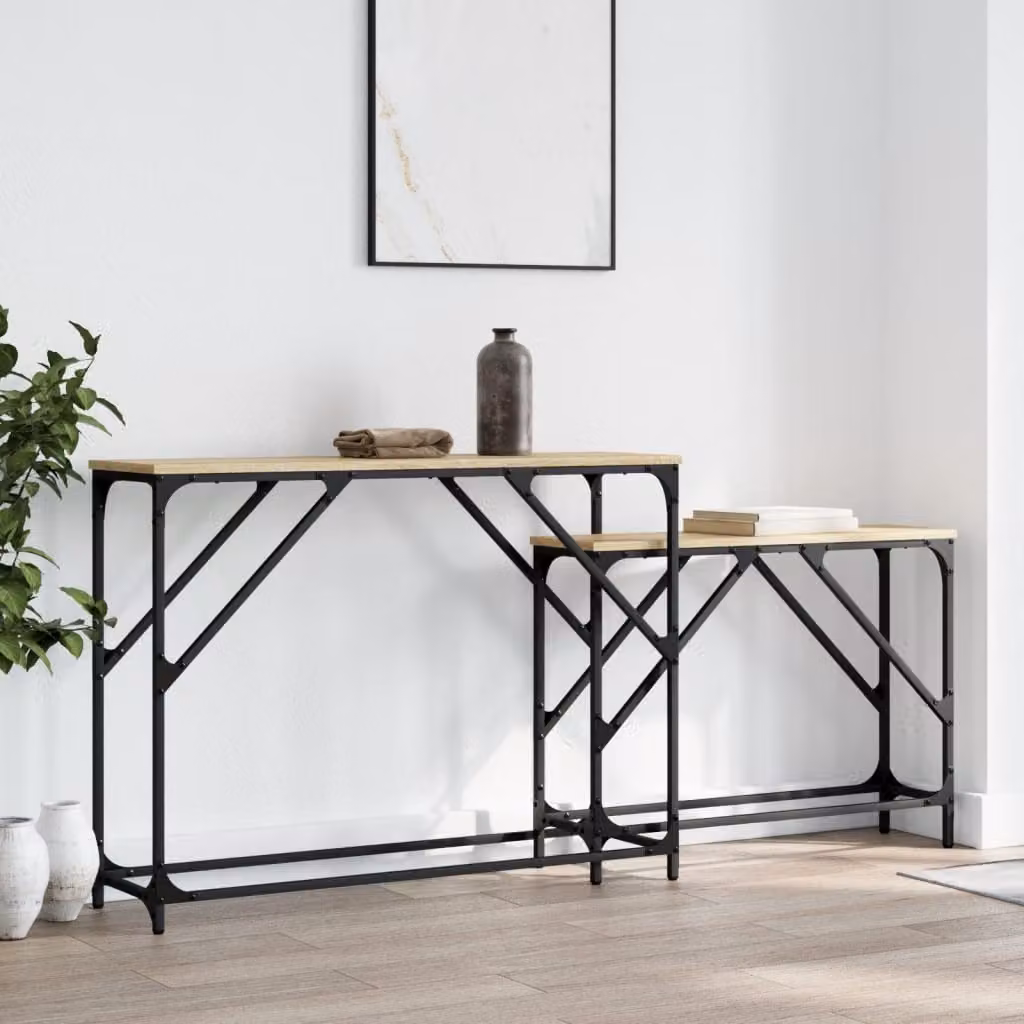 Set di 2 tavoli consolle impilabili vidaXL in legno e metallo color rovere, stile industriale per soggiorno o ufficio
