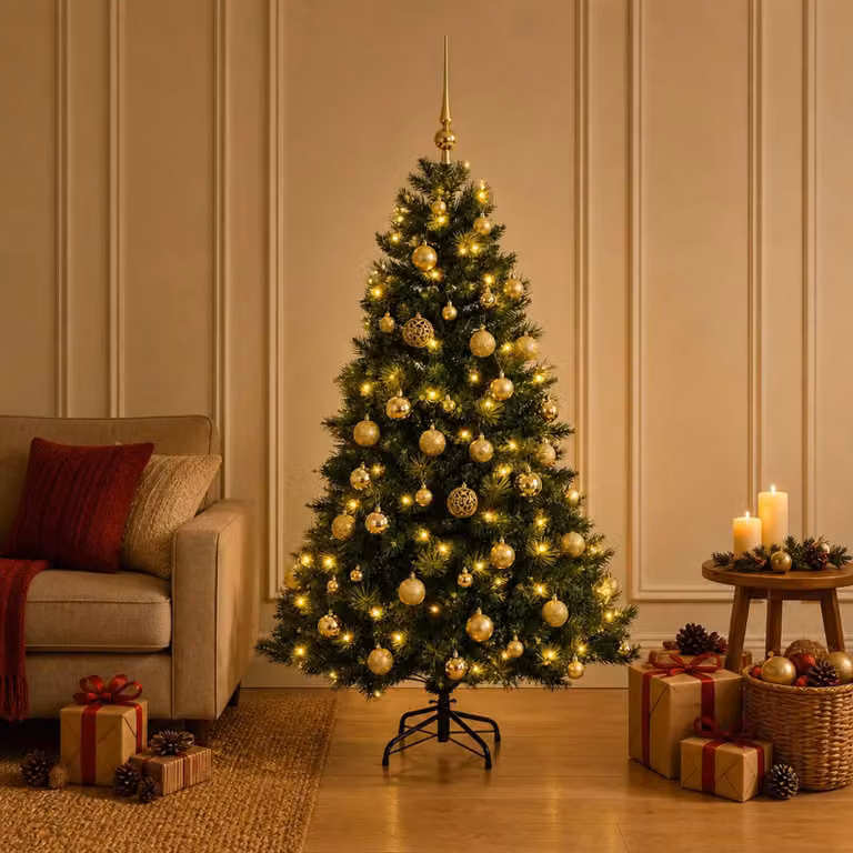 Albero di Natale artificiale con decorazioni natalizie, altezza 150 cm, 150 luci LED