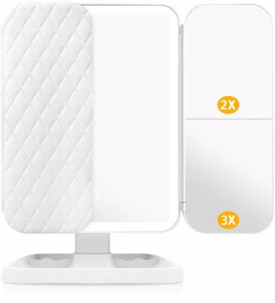 Specchio cosmetico elettrico con luce, specchio cosmetico alimentato a batteria da 2000 mAh con ingrandimento 1x/2x/3x, specchio da tavolo pieghevole, specchio ingranditore con luce, interruttore a pulsante e 3 tonalità di luce, bianco