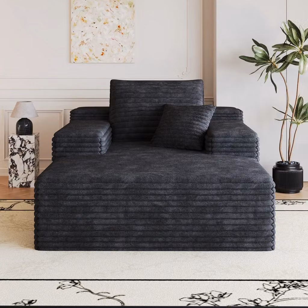 Divano con chaise longue REDOM in tessuto di velluto a coste nero, design moderno a L con cuscini inclusi – 2