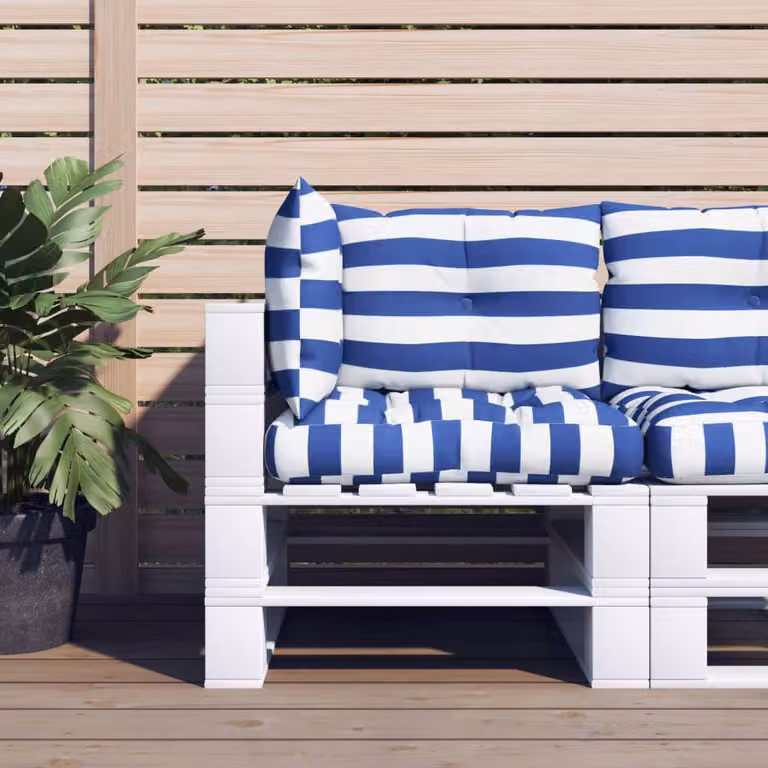 Set di 3 cuscini per pallet vidaXL in tessuto Oxford impermeabile e traspirante, fantasia a strisce blu e bianche, stile marittimo