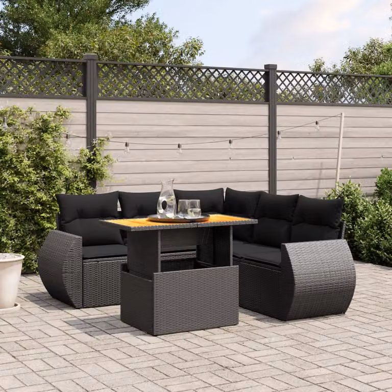 vidaXL Set Divano da Giardino a L 6 pz in Polyrattan Nero con Cuscini Imbottiti e Tavolino