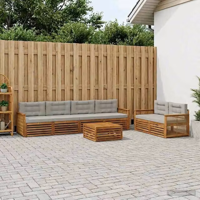 Set di mobili da esterno vidaXL composto da 7 pezzi con divano a 3 posti, tavolino da caffè e cuscini in tessuto beige e grigio con struttura in legno di acacia naturale – 1