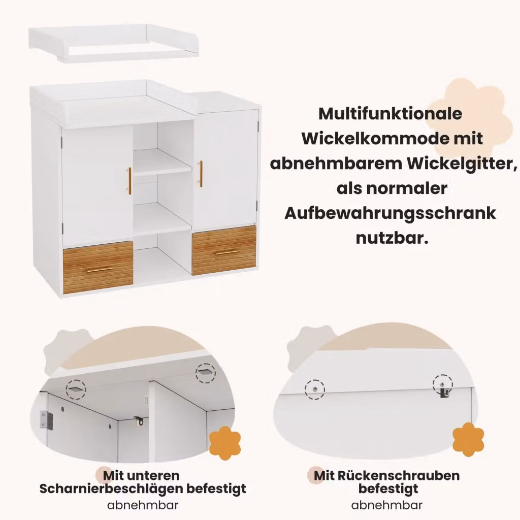 Cassettiera Fasciatoio REDOM in MDF Bianco e Naturale L: 114 cm, P: 53 cm, H: 92 cm – 2