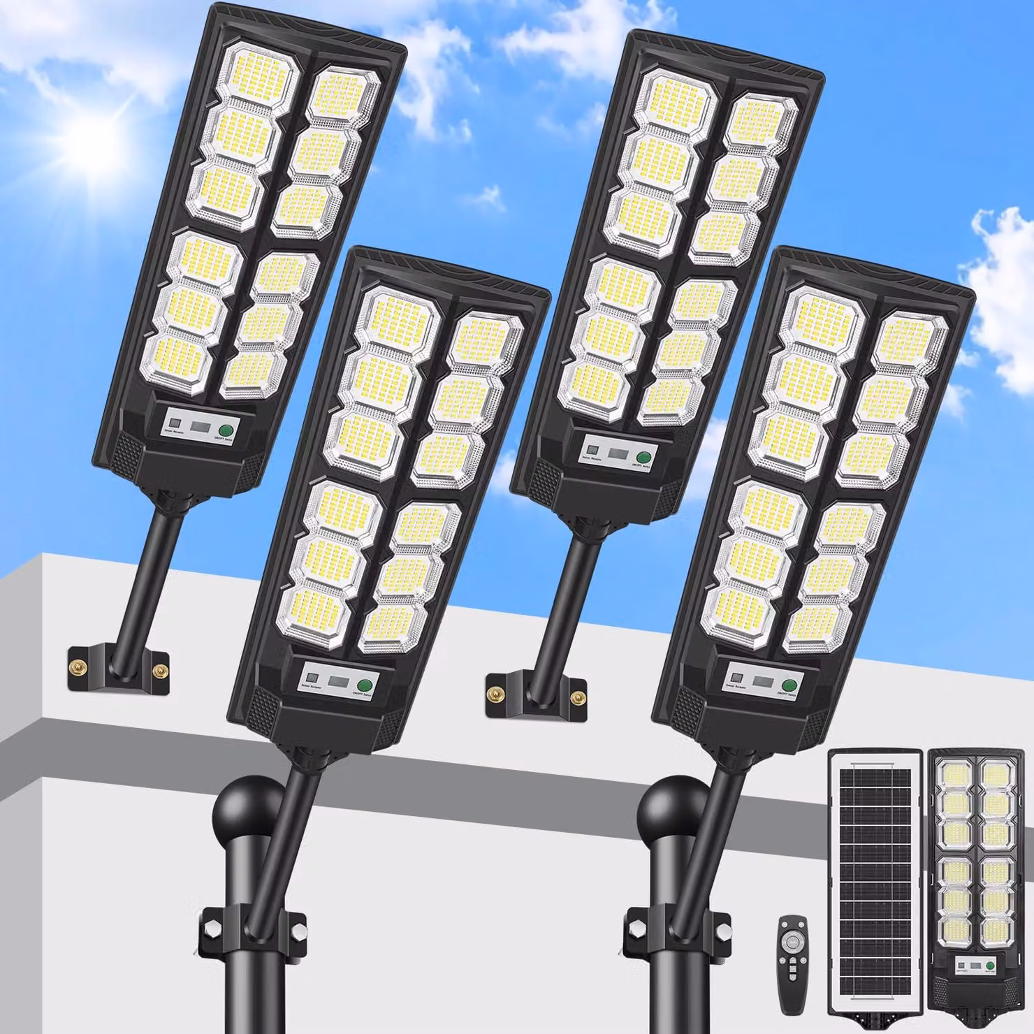 Lampione solare con 528 LED, temperatura di colore 6500K, grado di protezione IP67, confezione da 4