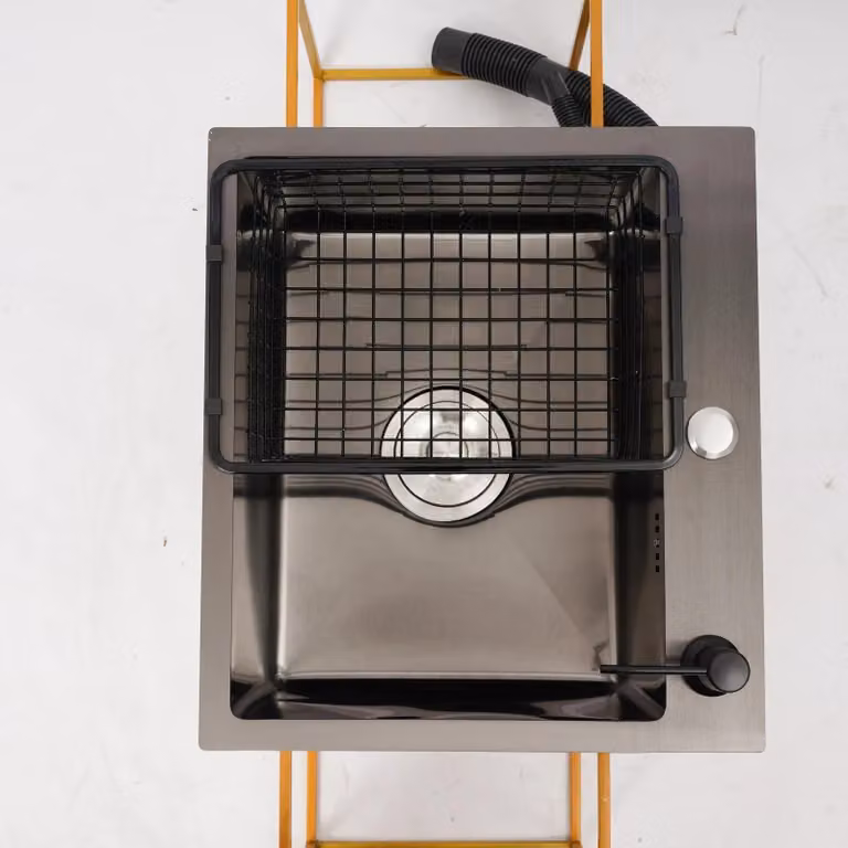 Lavello da cucina in acciaio inossidabile, con un solo vano, da incasso, dimensioni 41x30,5 cm, rettangolare, con rivestimento nano-protettivo antiruggine, completo di rubinetto e dispenser per sapone, colore nero