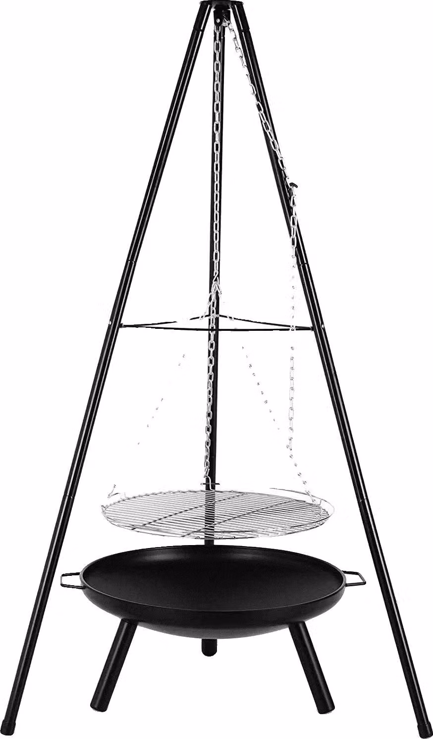 Griglia a treppiede, struttura in ferro, altezza regolabile fino a 152 cm, diametro griglia di 52 cm, lunghezza catena di 2 m, peso 7,19 kg