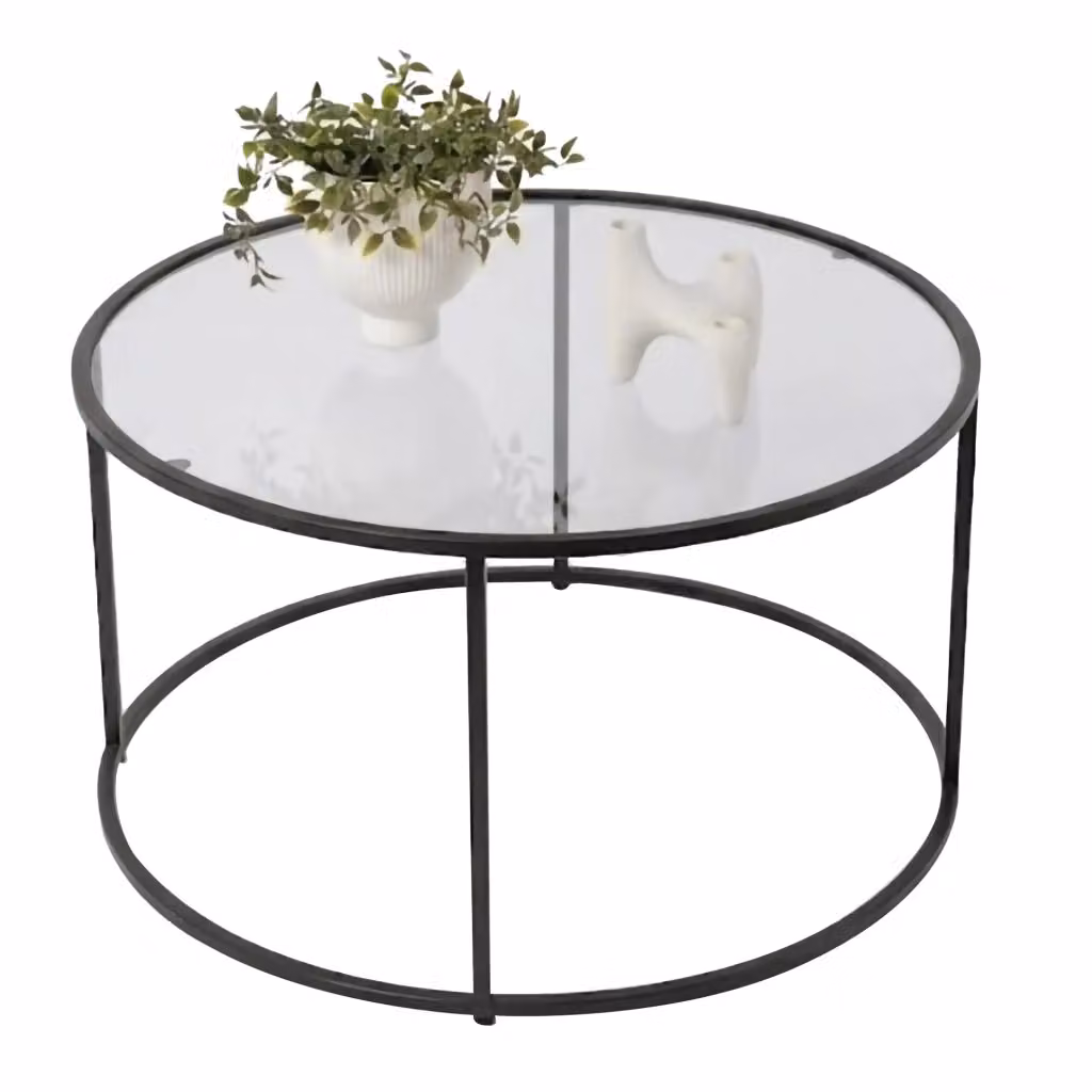 Tavolino da salotto rotondo DMORA con piano in vetro trasparente e struttura in metallo nero, L: 80 cm, P: 80 cm, H: 43 cm – 2