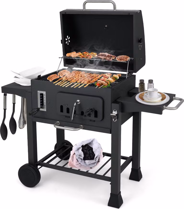 Barbecue a carbonella KOMFOTTEU con 2 tavoli laterali pieghevoli e ruote, carrello per barbecue con contenitore per carbonella a 6 scomparti, vano portaoggetti, portagriglia, termometro, barbecue affumicatore per uso esterno