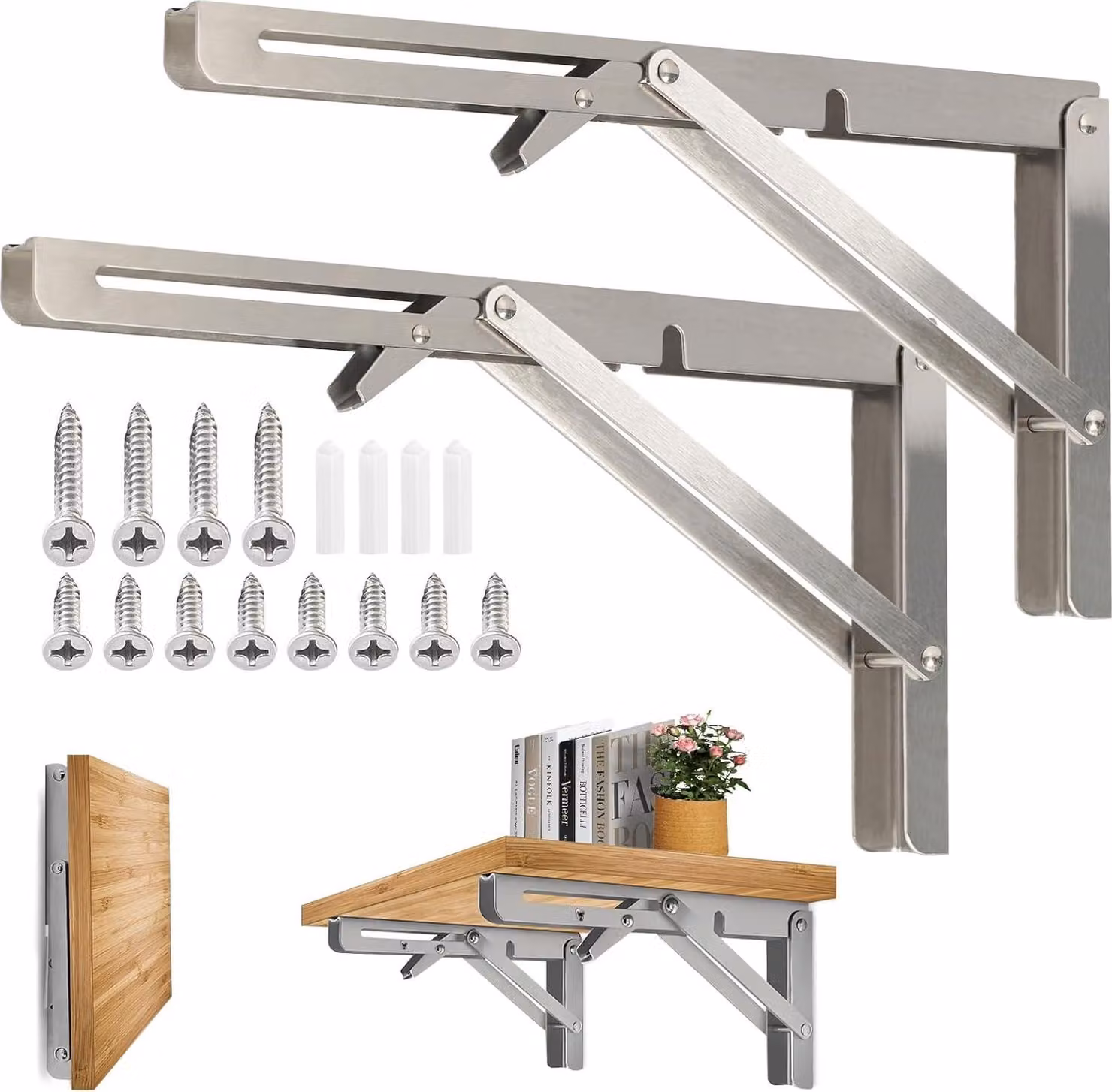 Console pieghevoli robuste, 500 mm, set da 2, in acciaio inossidabile, capacità portante di 150 kg, adatte per cucina e garage