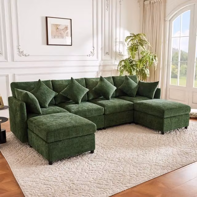 Divano modulare trasformabile in U e L 278x161x81 cm in ciniglia verde