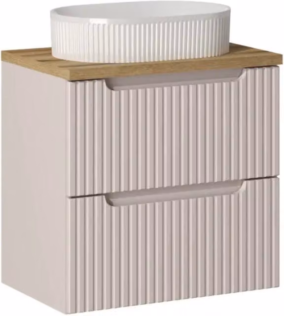 Set VANO in cashmere e quercia 60cm: mobile sottolavabo con cassetti + piano per lavabo + lavabo da appoggio scanalato bianco