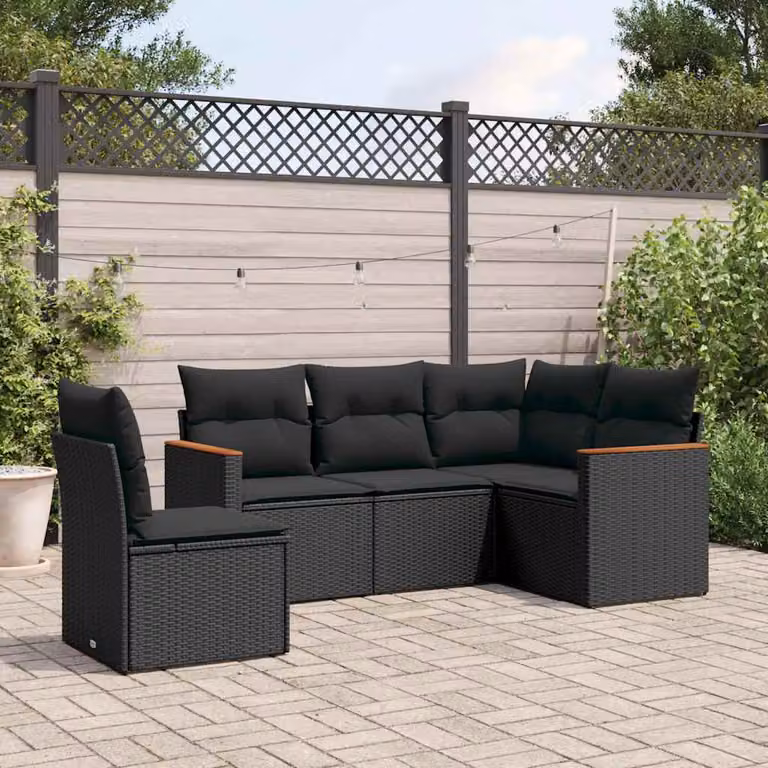 vidaXL Set Divani da Giardino a L 5 pz in Polyrattan Nero con Cuscini e Coperture Rimovibili