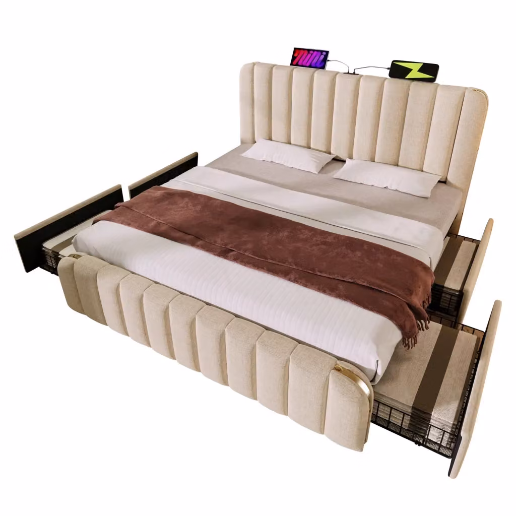 Letto contenitore matrimoniale beige con 4 cassetti, testiera imbottita e porta USB Type-C, L/P/H: 160 x 200 x 101 cm – 2