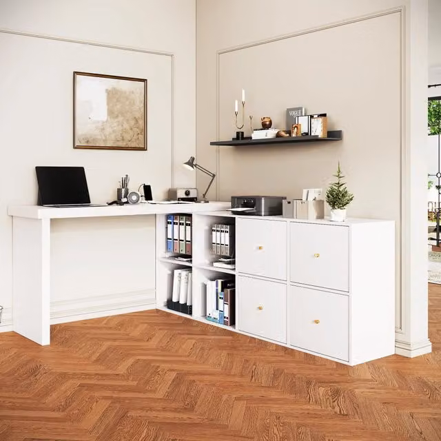 Scrivania ad angolo bianca in MDF con piano girevole a 360 gradi; reversibile a L o lineare per ufficio domestico