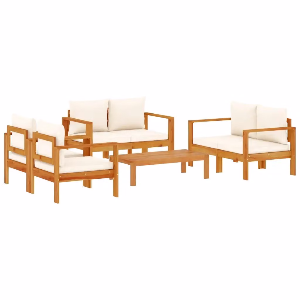 vidaXL Set Divano da Giardino 5 pz in Legno di Acacia con Cuscini Beige e Bianchi – 2
