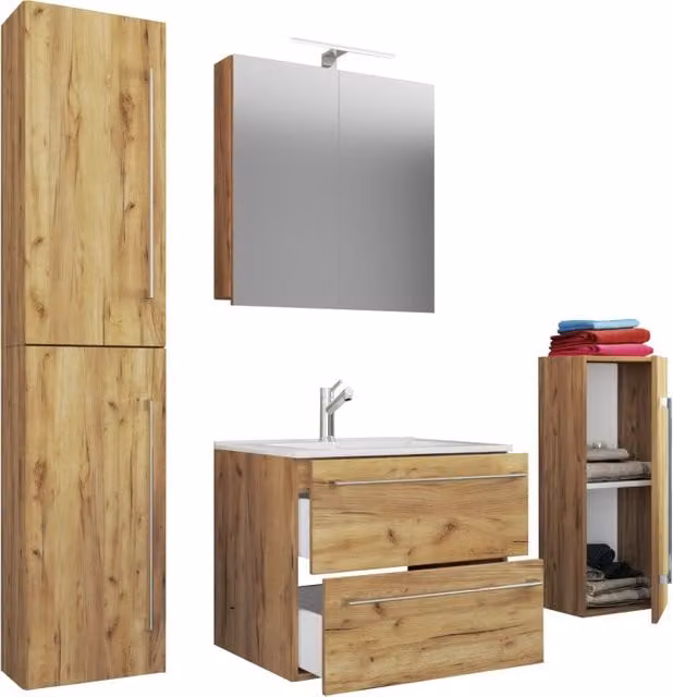 Set completo bagno Ezooza 5 pezzi moderno in rovere con lavabo in ceramica, mobile sospeso con 2 cassetti, colonna, mobile specchio con illuminazione LED e mobile laterale, marrone – 1