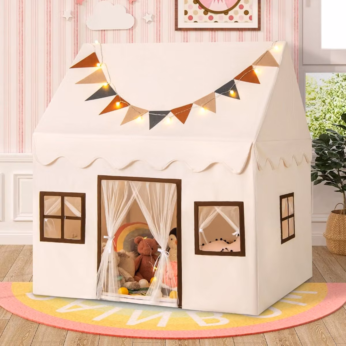 Costway Tenda da gioco con tappetino imbottito antiscivolo per bambini, Beige, L: 137 cm, P: 123 cm, H: 107 cm