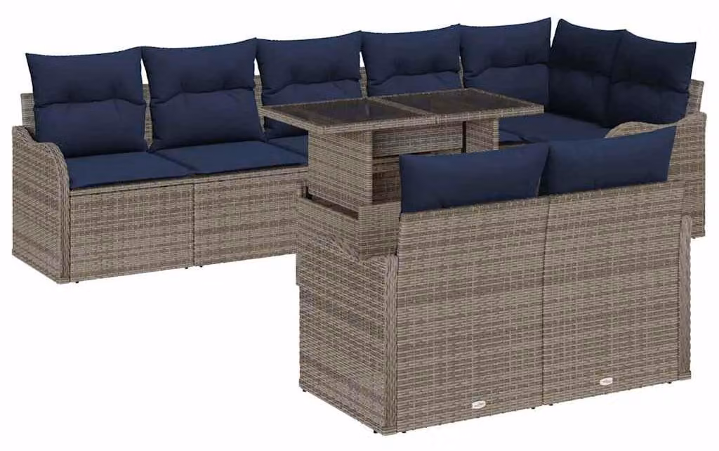 Set di divani da giardino, 9 pezzi, colore grigio, in rattan sintetico
