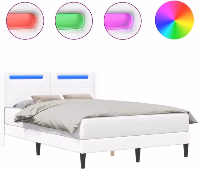 Letto matrimoniale moderno in similpelle bianco con testiera imbottita, illuminazione sottostante e porta USB, L/P/H: 140 x 200 x 102 cm