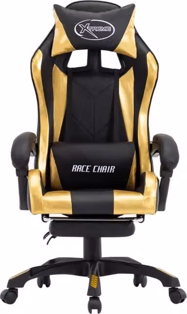 Sedia da Gaming vidaXL con Poggiapiedi, Colore Oro e Nero, in Similpelle con Poggiatesta e Ruote, Girevole a 360 Gradi – 1