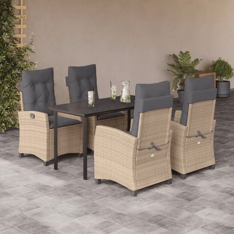 Set Pranzo da Giardino vidaXL in Polyrattan con Cuscini Beige Misto e Tavolo in Vetro 5 pz