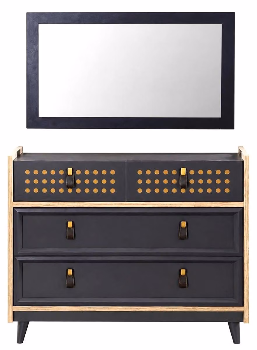 Comodino moderno, minimalista, grigio e beige, funzionale per la cameretta dei bambini
